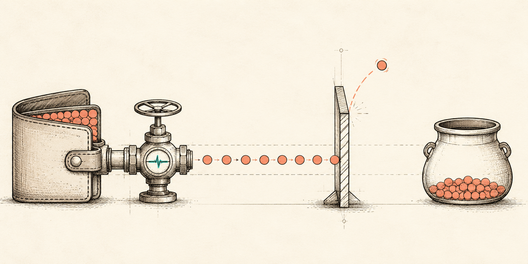 A bounded pull payment: a wallet's metered valve releases a capped stream of tokens to a recipient, while an over-limit pull ricochets off the on-chain cap.
