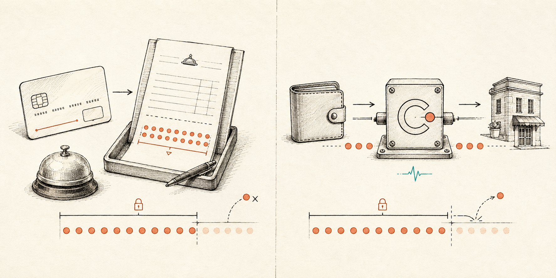 The model, made familiar: a hotel card pre-authorization on the left, the same bounded-pull relationship enforced on-chain by a program on the right.