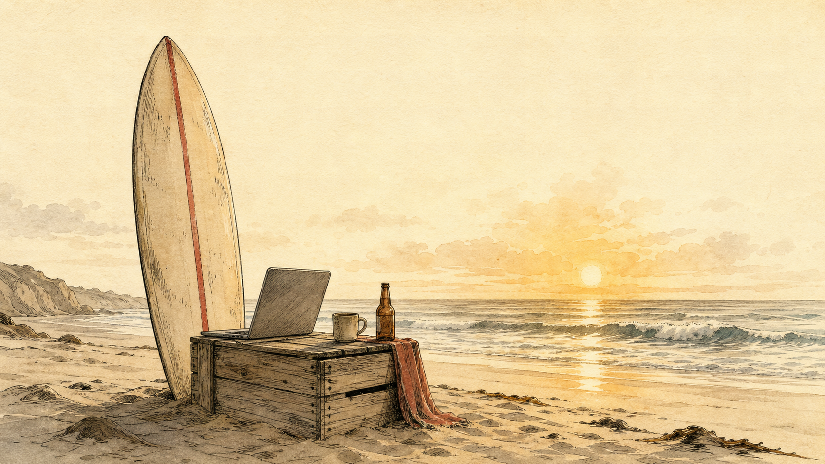 A surfboard and an open laptop on a wooden crate at a beach at sunset, coffee and a beer beside them — Solana's origin.