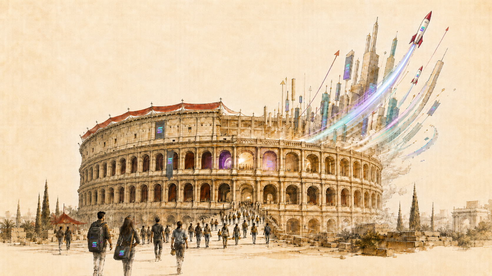 A watercolor Roman colosseum alive with builders streaming in at the base, while startups launch out the far side on a rising arc lit with Solana's purple-blue-green gradient.