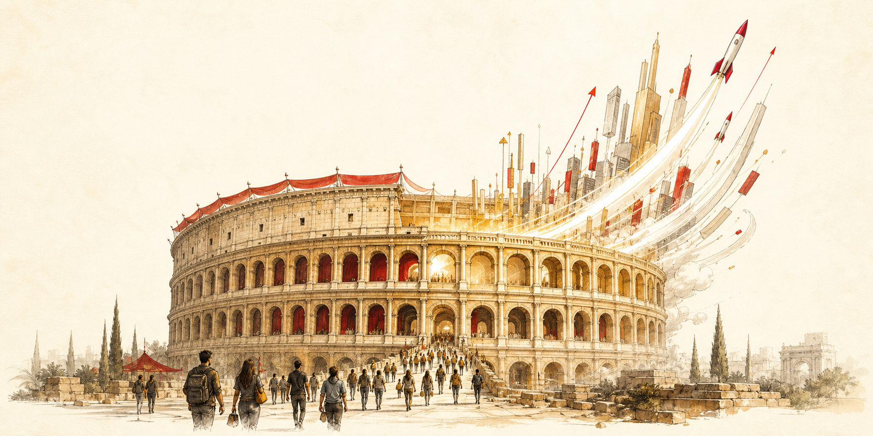 An arena gauge: a weekend hackathon project at the starting line is carried through an accelerator pipeline and out the far side as a funded company, while a generic hackathon trophy sits abandoned on Monday morning.