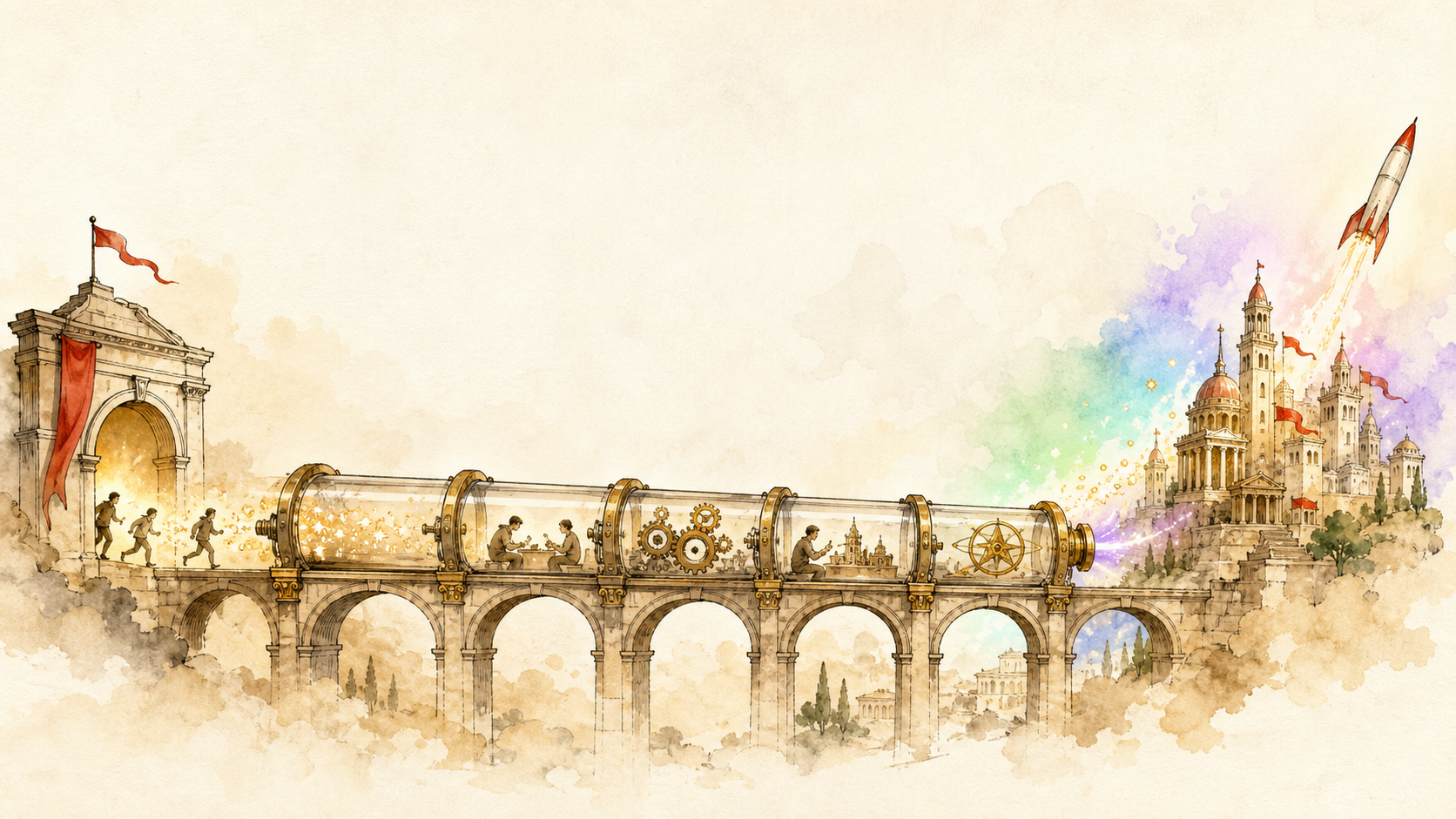 The builder-to-founder machine: builders enter through a hackathon archway, ride an aqueduct of gears, and launch as funded startups on the far side.