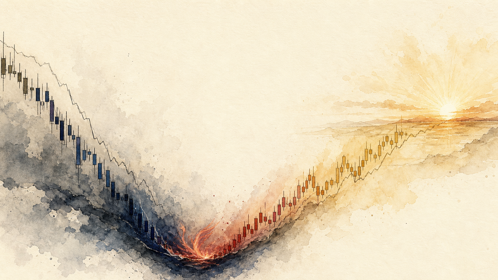 A watercolor chart plunging into a dark trough, then rising into a sunrise — Solana's crash and recovery.
