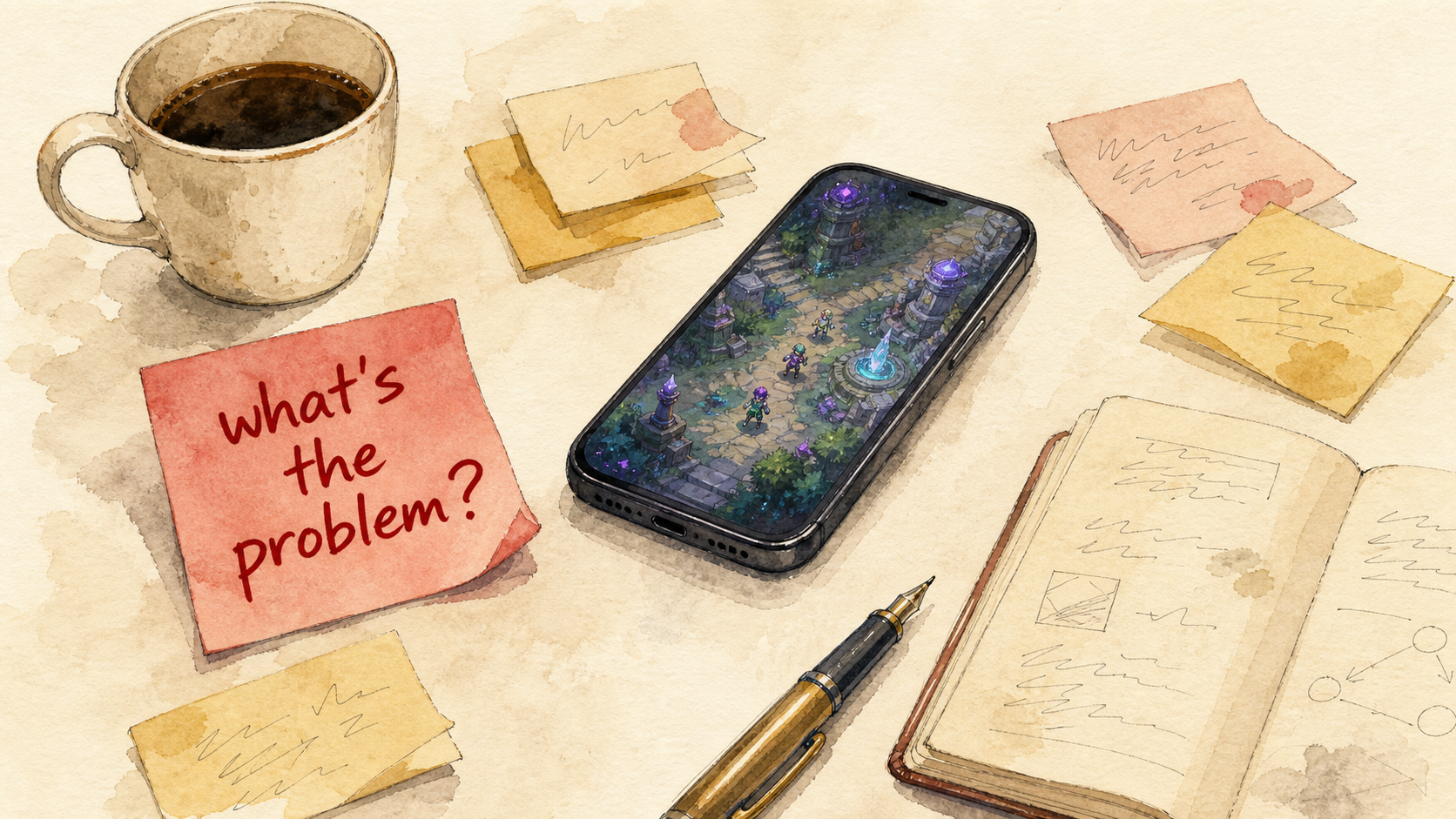 A co-working table — a Seeker phone running a game, a "what's the problem?" sticky note, coffee and an open notebook.