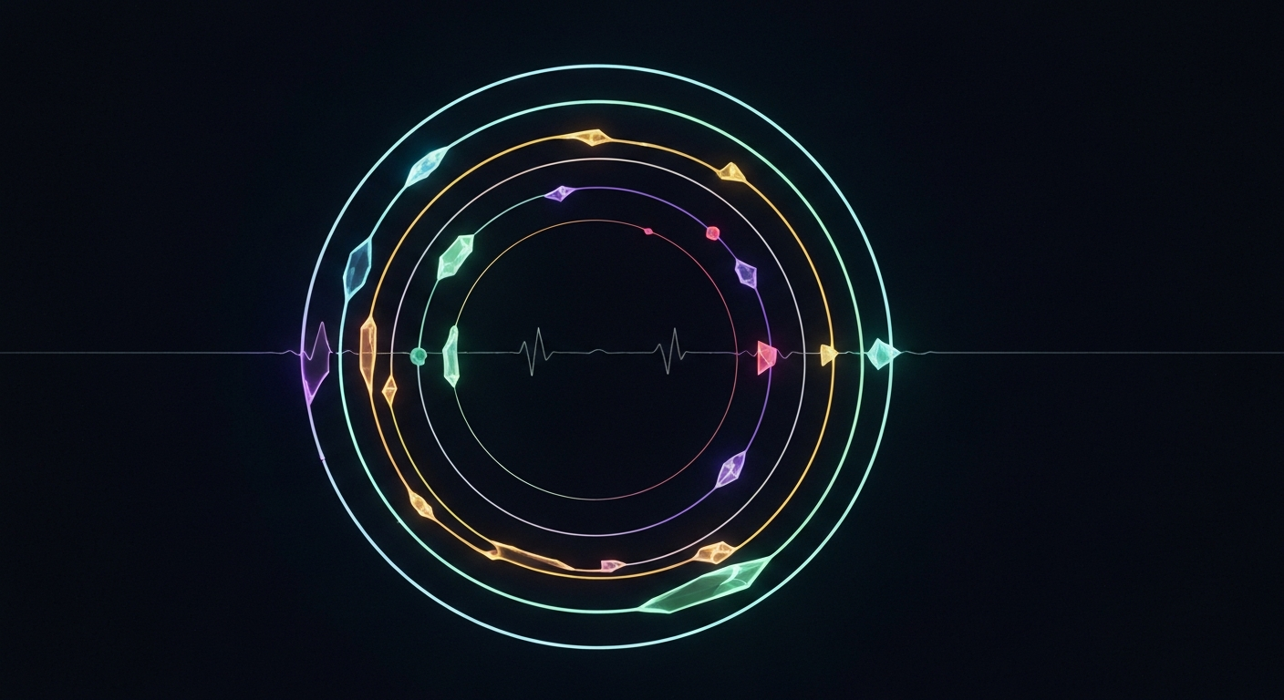 Concentric glowing rings in cyan, amber, mint, and violet forming a witnessed genome around a central waveform, on a near-black background