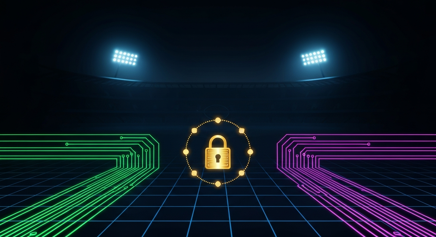 Abstract dark illustration of two verification lanes converging on a single glowing attestation over a soccer pitch, one lane in Solana-purple, one in Wormhole-teal, meeting on a Base-blue ledger.